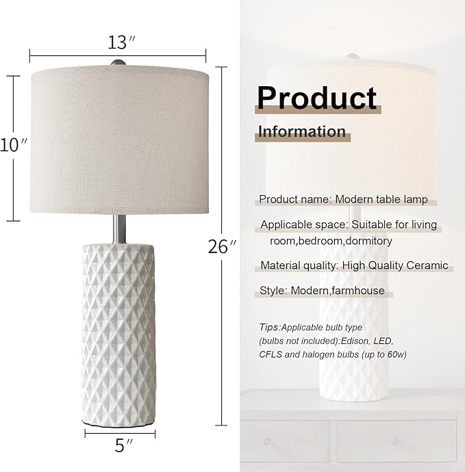26" Tall Table Lamp for Living Room -Vintage White Lamps Set of 2 Modern Ceramic Lamps for Night
