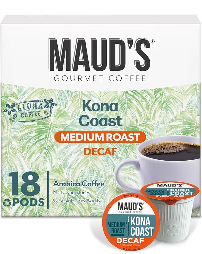 Maud's Decaf Kona Coffee Pods, 18 ct, Decaffeinated Medium Roast Coffee in Recyclable Single Serve