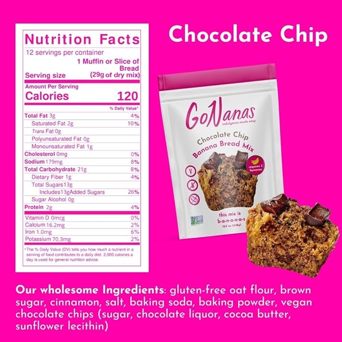 GoNanas Chocolate Chip Oat Flour Banana Bread Mix, Suitable for Plant Based Vegan Diets, Gluten