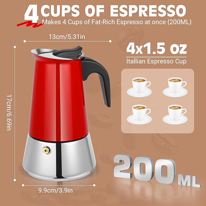 Moka Pot, 4 Cups (7.1 oz) Stovetop Espresso Maker, 304 Stainless Steel Moka Pot, Induction