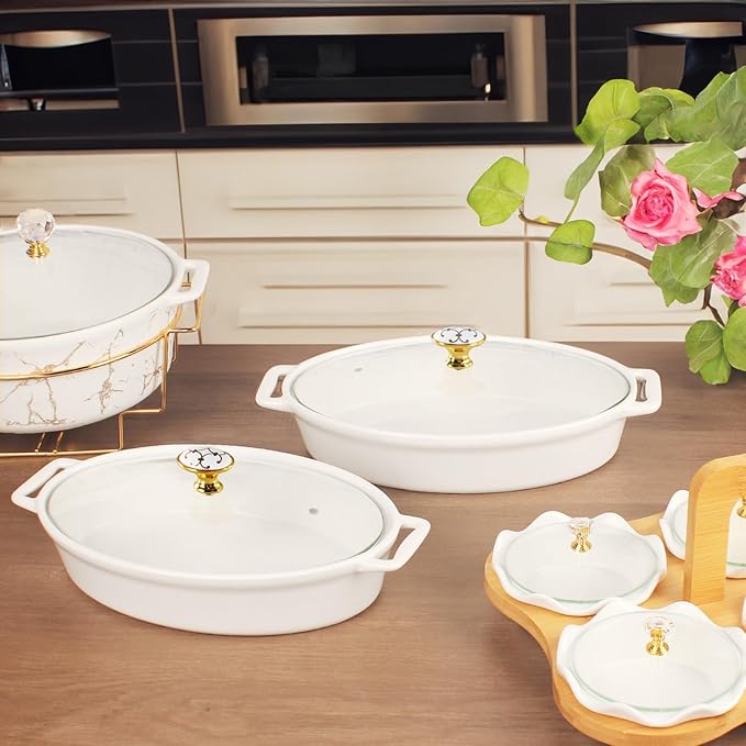 10" x 7" Ceramic Oval Casserole Dish with Glass Lid, 30 Ounce White Serving Soup Tureen,Chafing