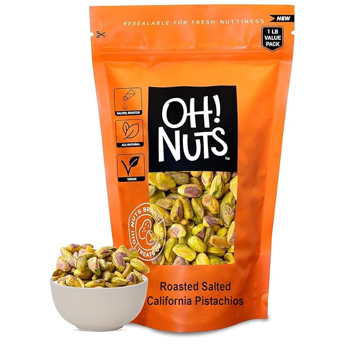 Oh! Nuts Pistachios No Shell - Roasted Salted - 1 lb - Shelled California Pistachios - Packed in