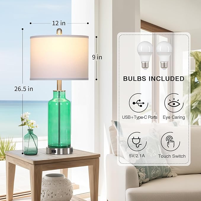 26.5" Coastal Green Glass Table Lamps Set of 2, 3-Way Dimmable Touch Control Bedside Lamps with USB