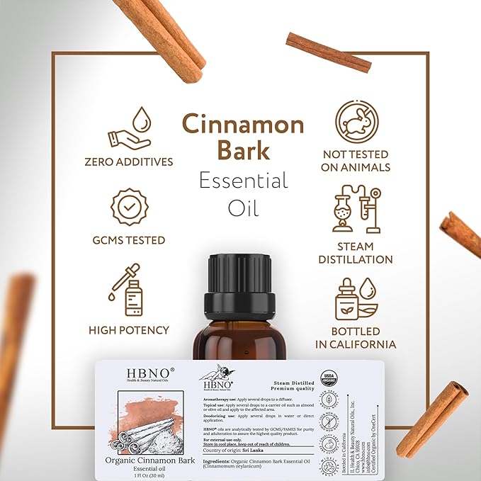 HBNO Organic Cinnamon Bark Essential Oil - 1 oz (30ml) Size - Ideal for Diffusers, Cleaning Agents