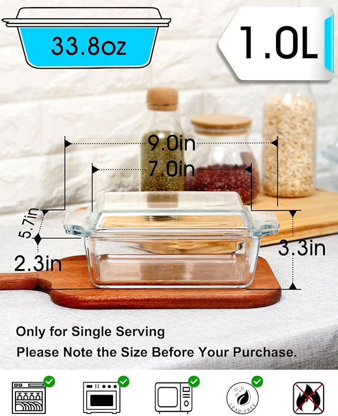 Glass Casserole Dish With Lid, Mini-1 QT (5.7in x 7in) Glass Baking Dishes for Oven, Single Serving
