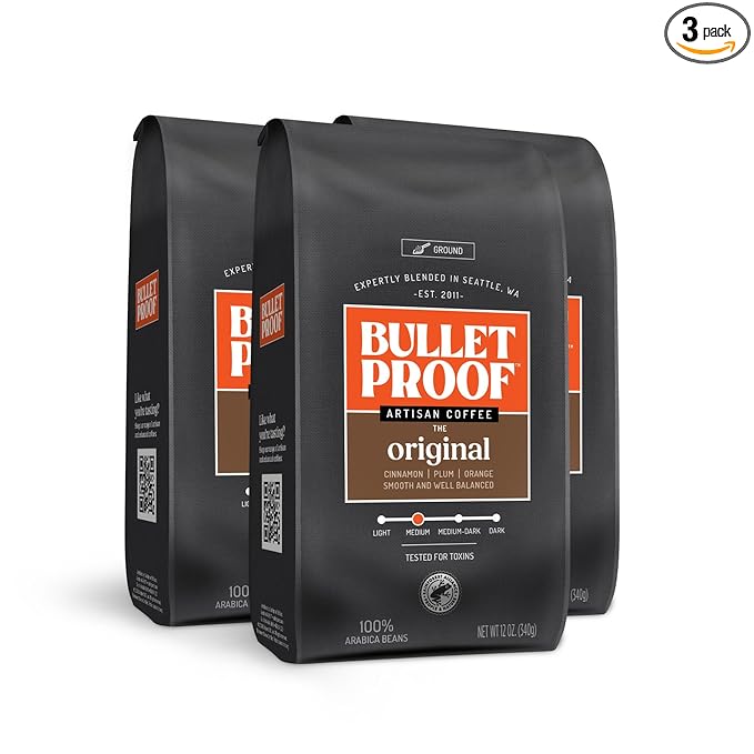 Bulletproof Original Medium Roast Ground Coffee, 12 Ounces (Pack of 3), 100% Arabica Beans, Clean