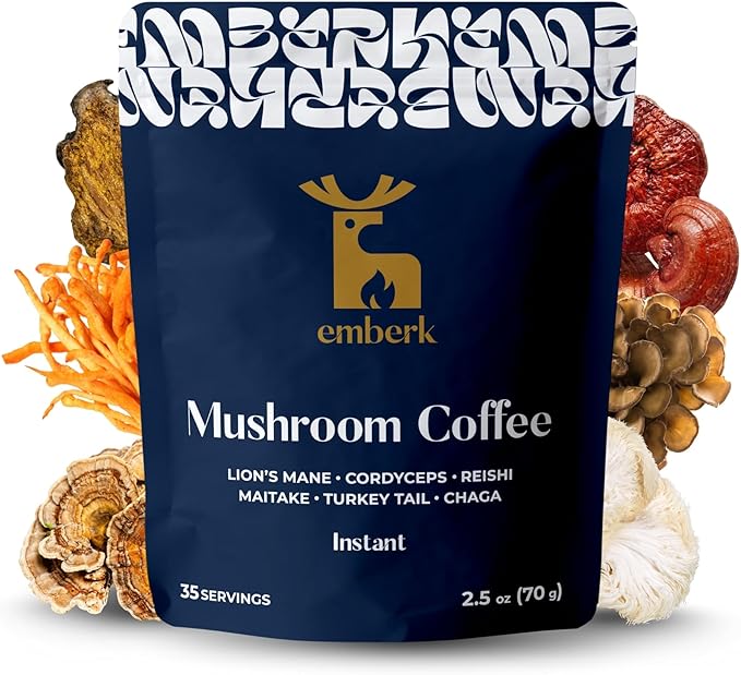 Emberk Organic Instant Mushroom Coffee - 35 Servings of Arabica Coffee with Six 100% Fruiting Body