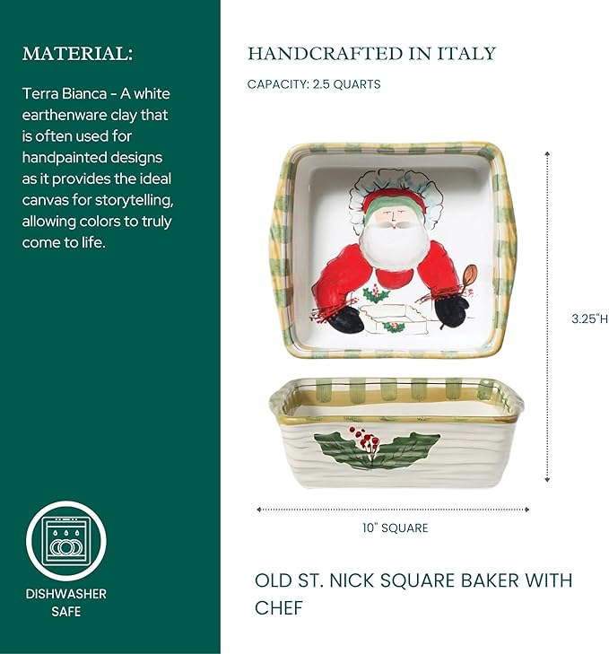 Vietri Old St. Nick Square Baker with Chef, Christmas Oven Baking Dish, 10" Square Earthenware Bake