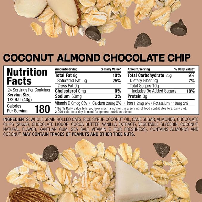 Bobo's Oatmeal Bars, Coconut Almond Chocolate Chip, Gluten Free Vegan Whole Grain Oat Bars, Pack of