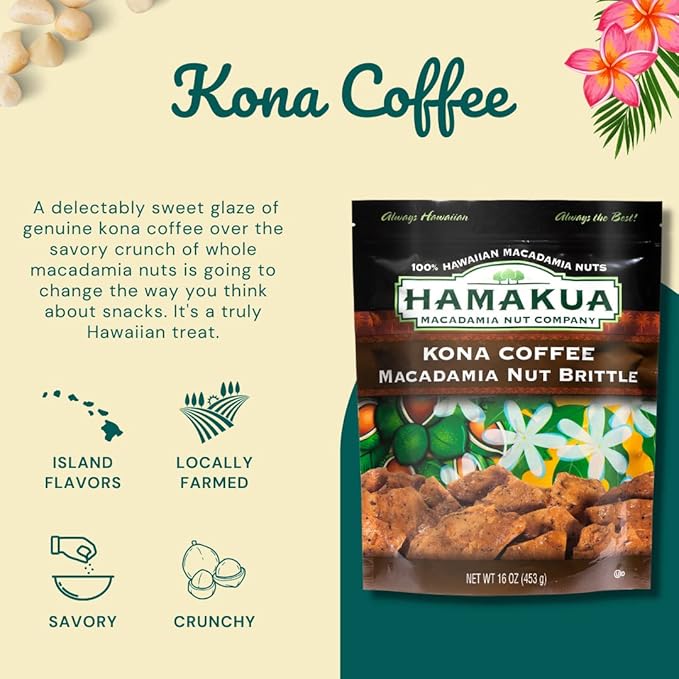 Hamakua Macadamia Nuts - Sweet Glazed Kona Coffee - Hawaiian Grown Flavored Dry Roasted Half and