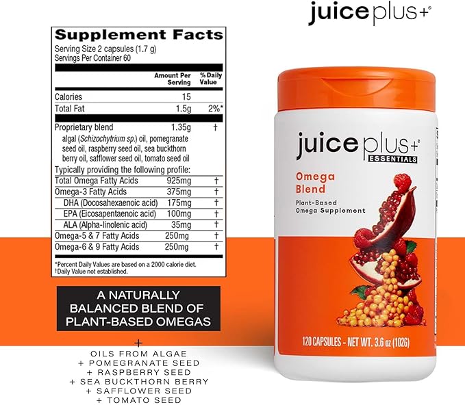 Juice Plus+ Omega Blend - Vegan, Fish-Less, No Aftertaste - Omega 3, 5, 6, 7 & 9 Fatty Acids from