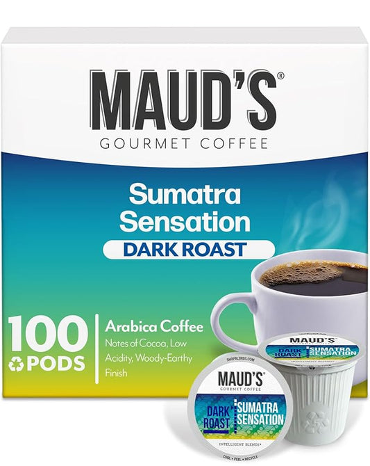 Maud's Sumatra Coffee Pods, 100 ct, Dark Roast Coffee in Recyclable Single Serve Pods – 100%