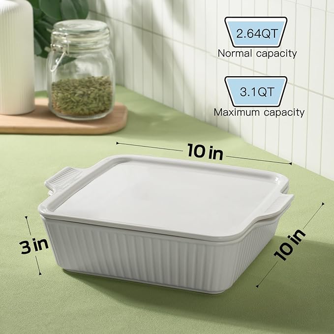 Dizada Casserole Dish for Oven with Lid, 10'' Square Baking Dish, Ceramic Baking Dish, Baking Pan