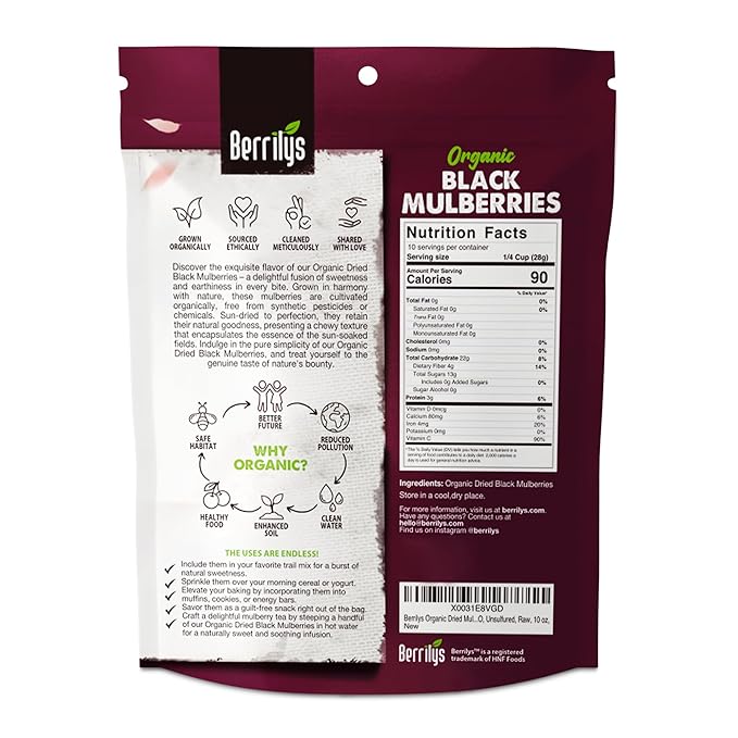 Berrilys Organic Dried Mulberries, Black, Dried Mulberry, Non-GMO, Unsulfured, Raw, 10 oz, Healthy