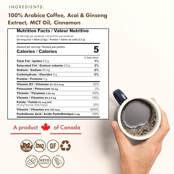 Sollo Brain Power Instant Coffee Sticks (24 Servings) Cinnamon Notes - Dark Roast, Enhanced Brain