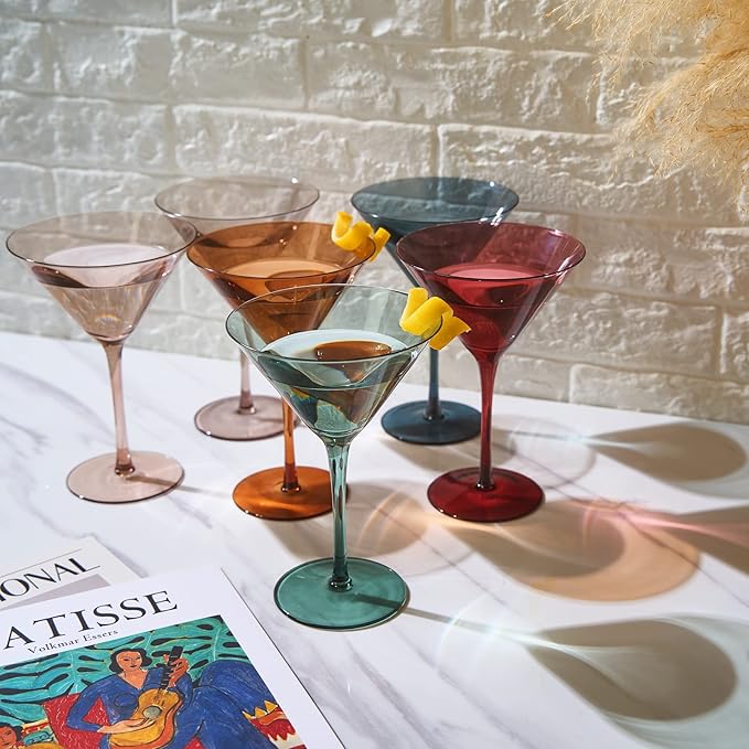 Colored Martini & Cocktail Crystal Glasses - 10oz | Set of 6 | Cute Pastel Muted Crystal Cocktail