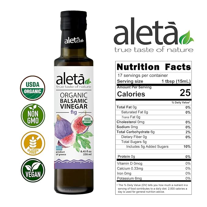 Aleta Farms Fig Balsamic Vinegar, Greek Organic Flavored Vinegar, USDA Organic, Perfect for Salad