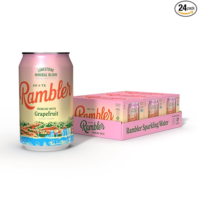 AUTX RAMBLER Sparkling Water, Texas Limestone Mineral Blend, Grapefruit Flavor, 12-Ounce Cans