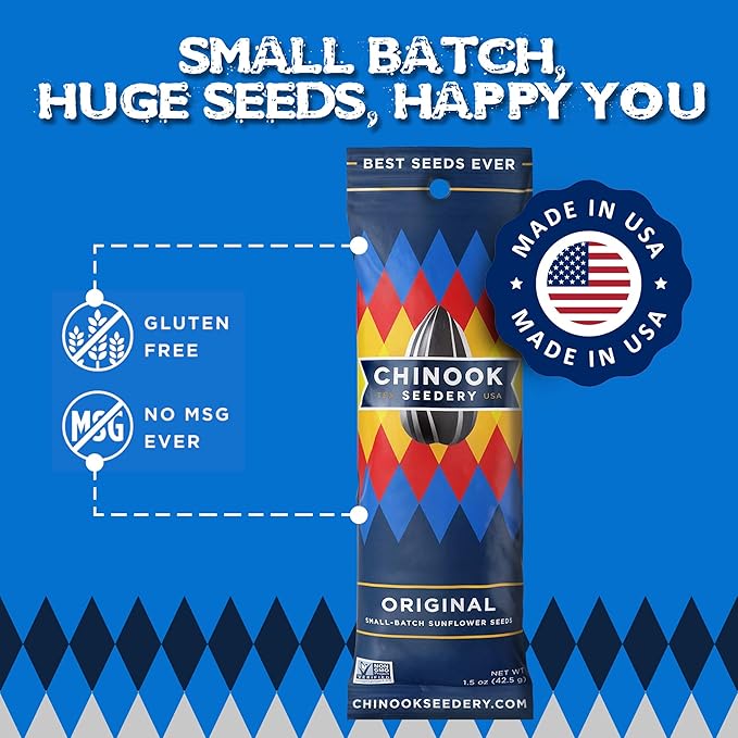 Chinook Seedery Roasted Sunflower Seeds to Eat - 1.5 oz (Pack of 36) Original - Jumbo Low Sodium