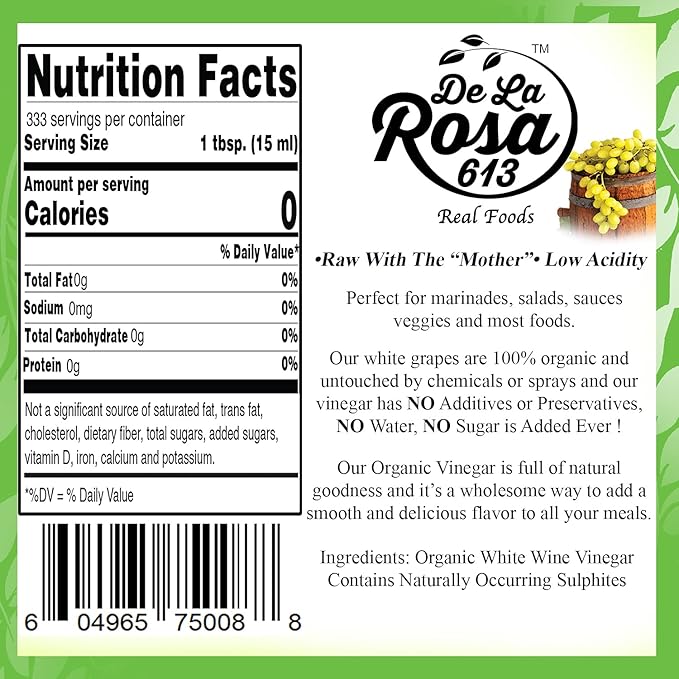 De La Rosa Organic White Wine Vinegar, Aged in Spanish Wood Barrels, Vegan, Non-GMO & Gluten Free