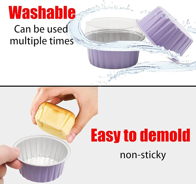100 Pack 4.2oz Aluminum Cups with Lids Mini Flan Containers with Lids Cupcake Baking Cups, Purple