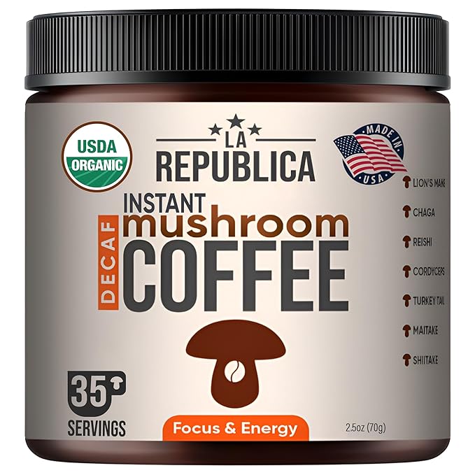 La Republica DECAF Organic Mushroom Coffee (35 Servings) with 7 Superfood Shrooms, Great Tasting