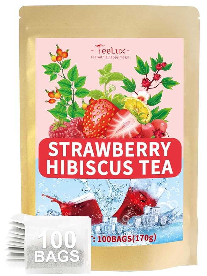 TeeLux Strawberry Hibiscus Iced Tea, Natural Hibiscus Tea with Stevia and Rosehip, Tangy & Sweet