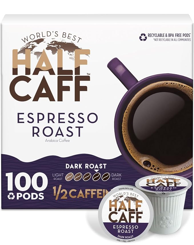 World's Best Half Caff Espresso Roast Coffee Pods, 100 ct, Dark Roast in Recyclable Single Serve