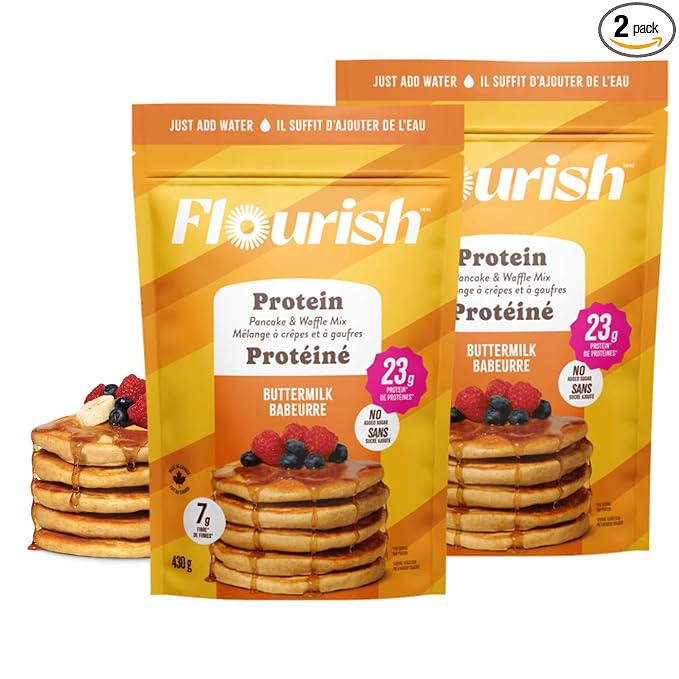 Flourish Protein Pancake & Waffle Mix, with Whey Protein & Flax Seed, No Added Sugar, High in