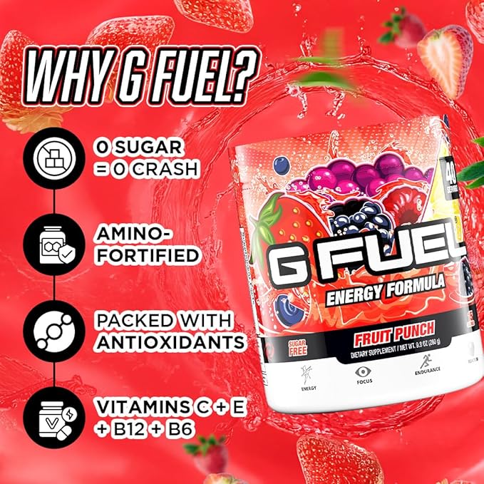 G Fuel Fruit Punch Energy Drink Powder, Pre Workout Caffeine Mix for Gaming, Sugar Free Focus