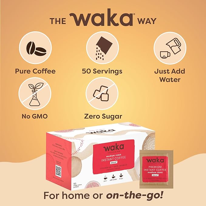 Waka Decaf Premium Instant Coffee — 100% Colombian Arabica Freeze Dried Beans — For Hot or Iced