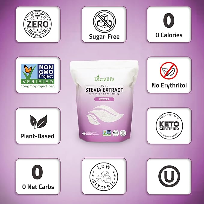 Durelife 100% Pure stevia extract sweetener 8 oz | No Erythritol, NON-GMO Project Verified, No