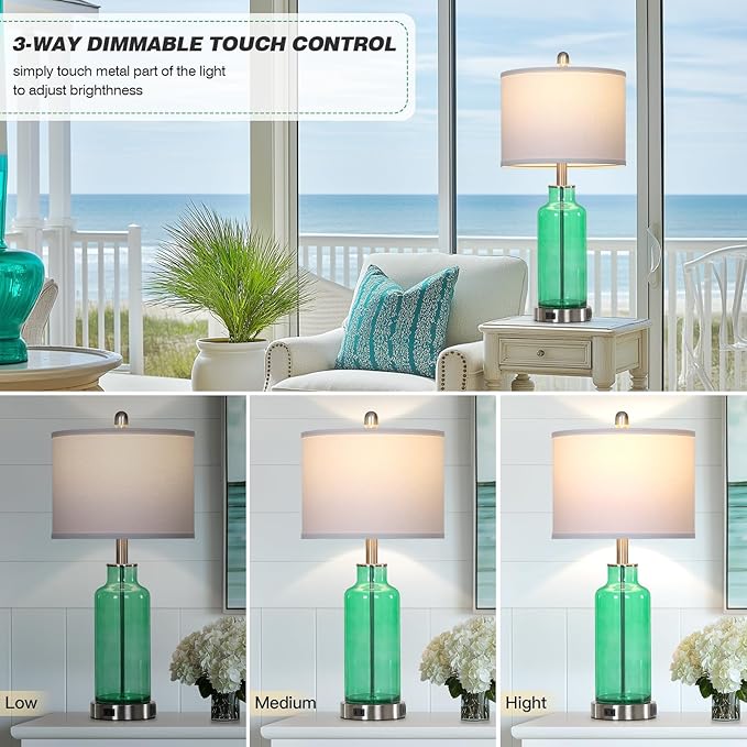 26.5" Coastal Green Glass Table Lamps Set of 2, 3-Way Dimmable Touch Control Bedside Lamps with USB