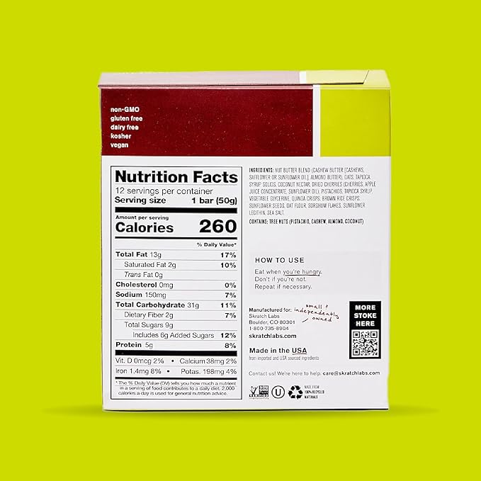 Skratch Labs Energy Bar | Cherry + Pistachio (12 Pack) | Plant Based Healthy Snack | Low Sugar - 5g