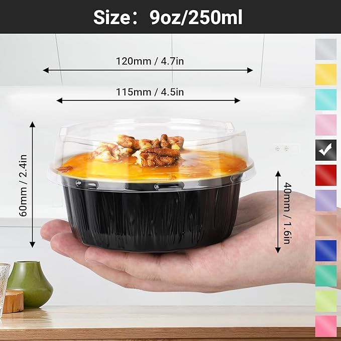 EUSOAR Cupcake Liners, 25pcs 9oz Black Disposable Ramekins with Lids Oven Safe, Cake Container Pans