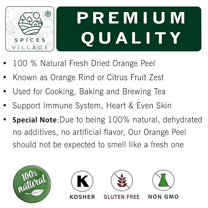 SPICES VILLAGE Orange Peel Cut & Sifted [4 oz] - Fresh Dried Orange Peel Zest and Rind, Citrus