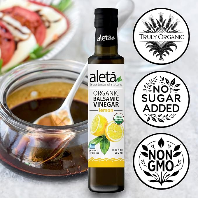 Aleta Farms Balsamic Vinegar, Premium Quality Lemon Infused Balsamic Glaze, USDA Organic, Perfect