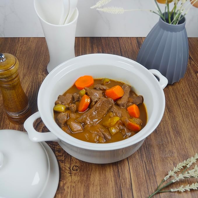 Casserole dish with Lid and soup spoon, Ceramic Serving Soup Tureen, 1.8 QT White French Serving