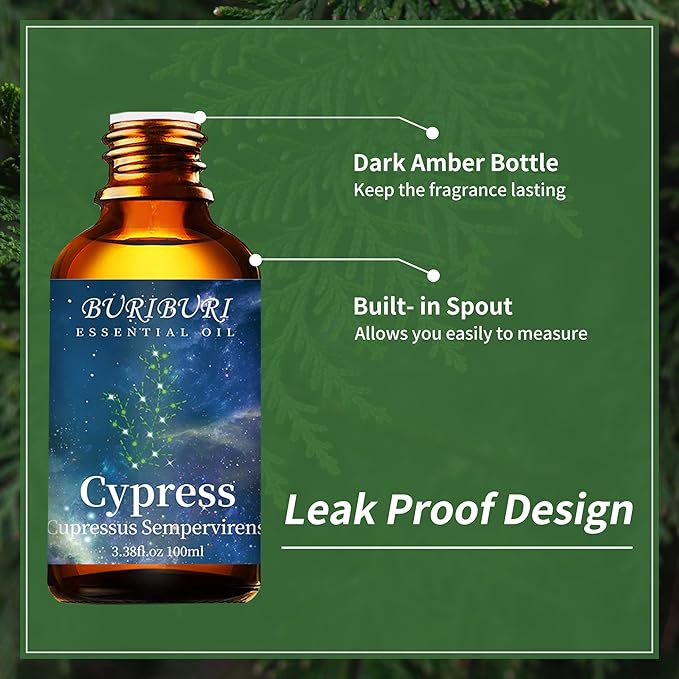 BURIBURI 100ML Cypress Essential Oil, 100% Pure Undiluted Aromatherapy Cypress Oil 3.38fl.oz for