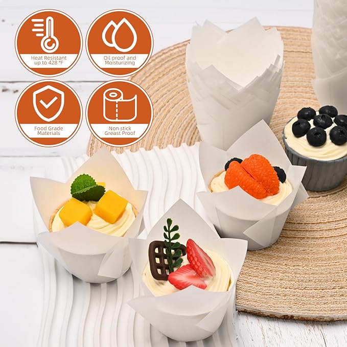 200pcs White Tulip Cupcake Liners for Baking Cups, Premium Parchment paper Tulip Muffin Liners