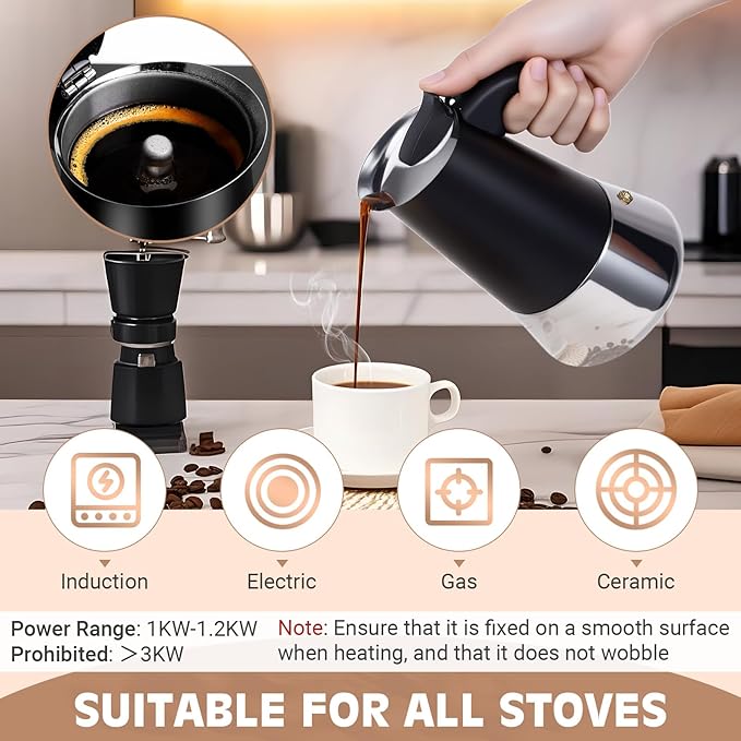 Moka Pot, 6 Cups (10.6 oz) Stovetop Espresso Maker, 304 Stainless Steel Moka Pot, Induction