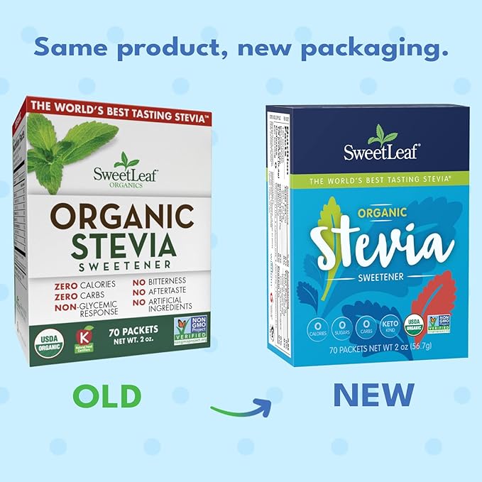 SweetLeaf Organic Stevia Packets - Zero Calorie Stevia Powder, No Bitter Aftertaste, Sugar