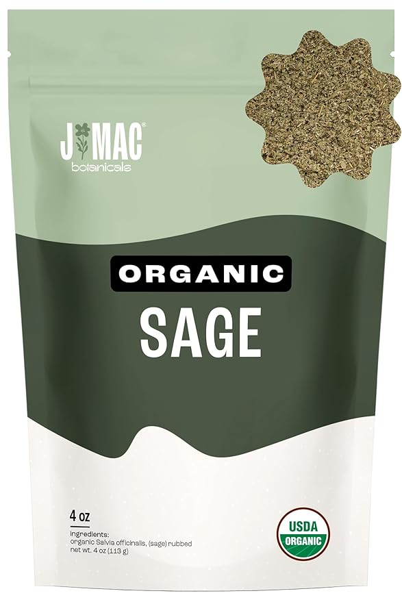 J Mac Botanicals, Organic Rubbed Sage (4 oz), Certified USDA Organic, Dried Rubbed Sage Leaf.