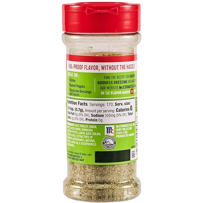 McCormick Perfect Pinch Seasoning, Green Goddess, For Adding Tangy, Herby Flavor to Chicken, Roasted Veggies, Dressings, Sauces & More, 4.23 oz