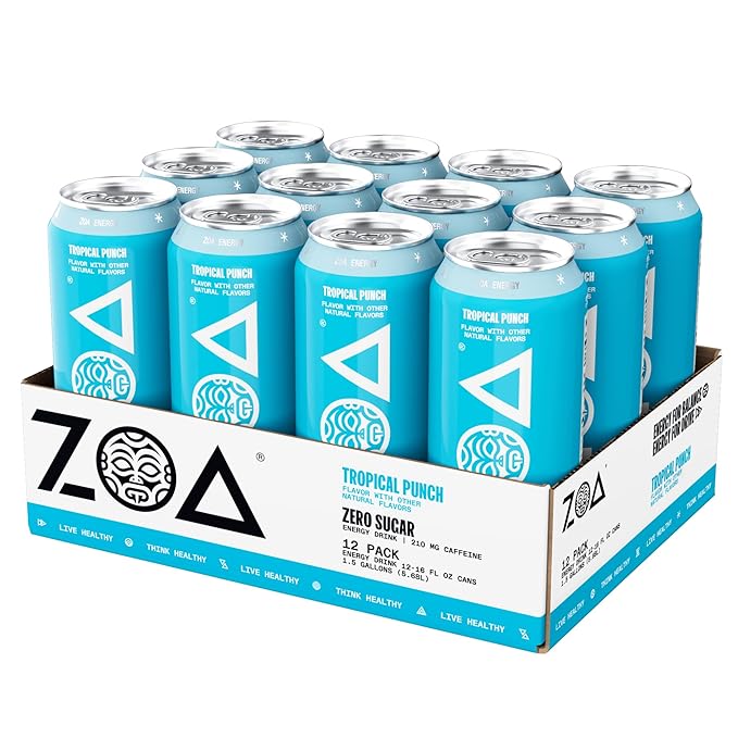 ZOA Zero Sugar Energy Drinks, Tropical Punch - Sugar Free with Electrolytes, Healthy Vitamin C