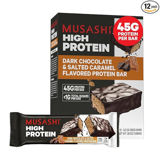 MUSASHI High Protein Bar, 45g Protein, <1g Total Sugars, Dark Chocolate & Salted Caramel, Post