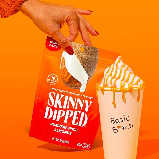 SkinnyDipped Pumpkin Spice Almonds, Healthy Snack, Plant Protein, Gluten Free, 3.5 oz Resealable
