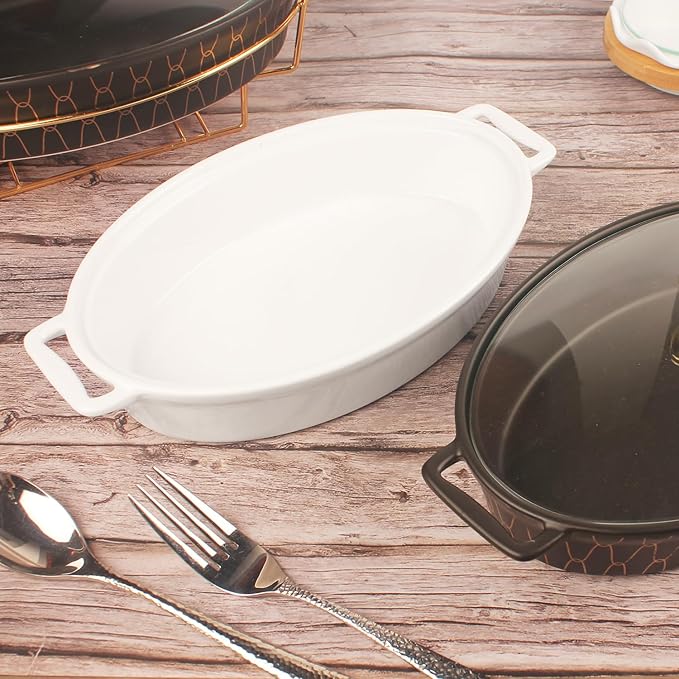 10" x 7" Ceramic Oval Casserole Dish with Glass Lid, 30 Ounce White Serving Soup Tureen,Chafing