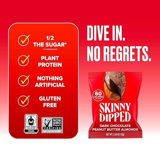 SkinnyDipped Dark Chocolate Peanut Butter Almonds, Healthy Snack, Plant Protein, Gluten Free, 0.46