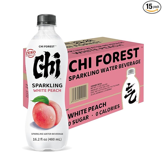 CHI FOREST Flavored Sparkling Water Beverage, White Peach, Zero Sugar, 16.2 fl oz Bottles (pack of